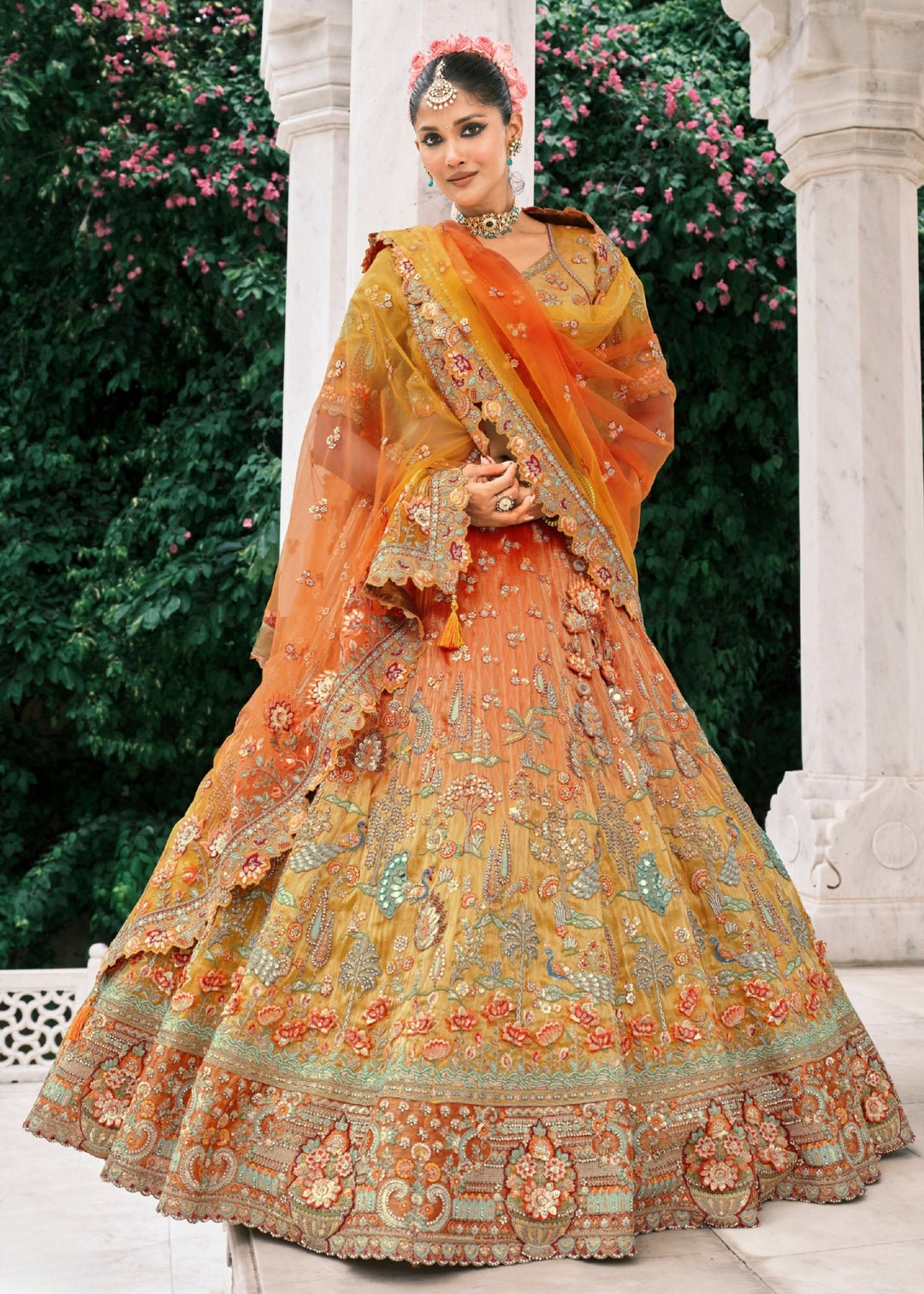 Cadmium Orange Fancy Silk Lehenga Choli With Cut Work Embroidery Border & Stone Work