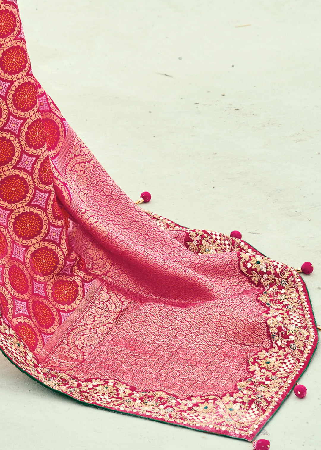 Rani Pink Georgette Bandhej Saree With Moti & Cut-Dana Handwork Border
