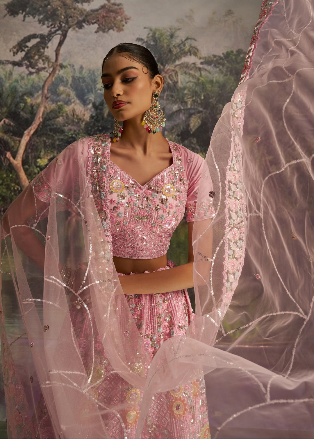 Bright Pink Soft Net Lehenga With Multicolor Floral Embroidery