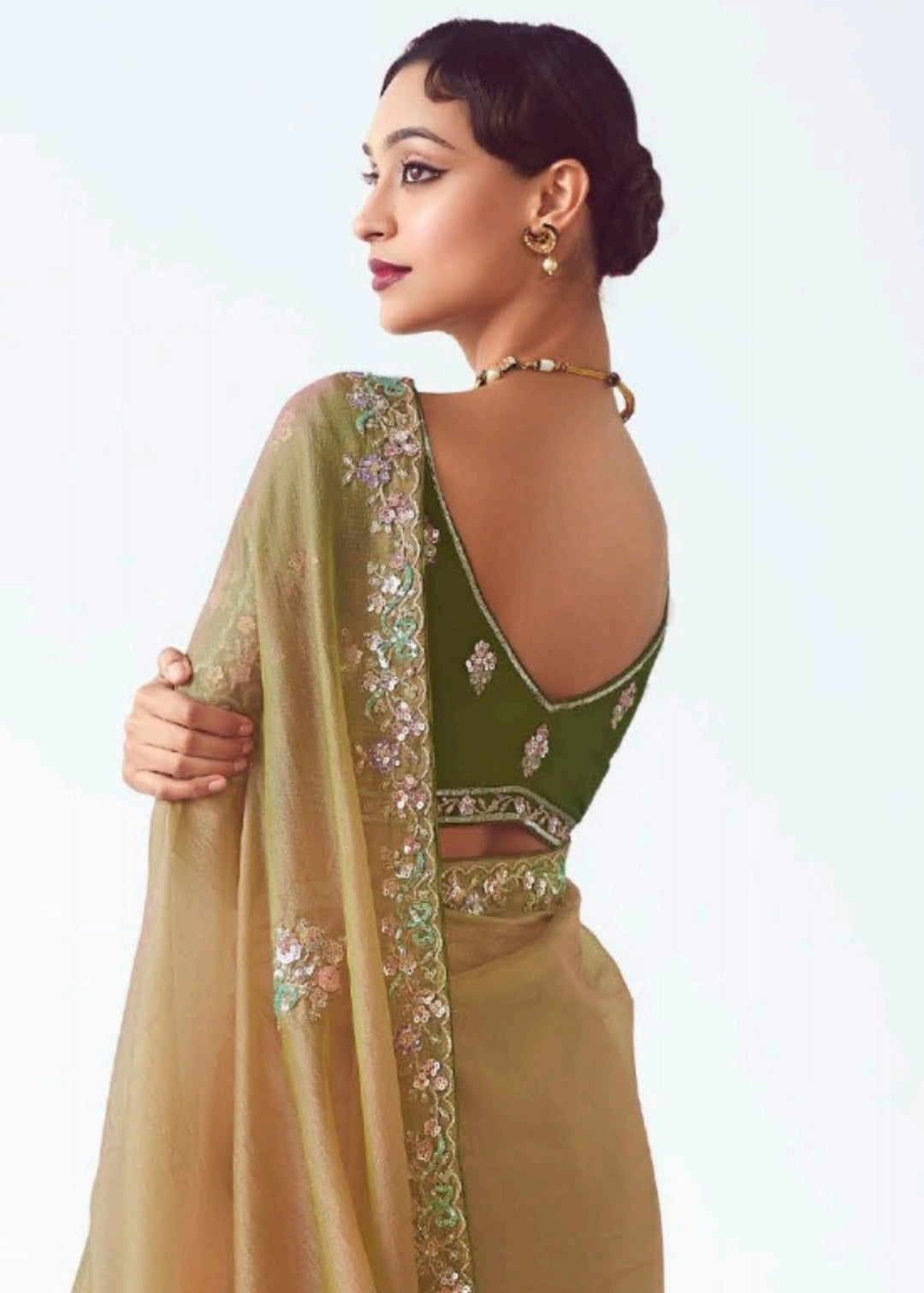 Golden Fancy Fabric Silk Saree With Hand Embroidered Work And Cut Work Border