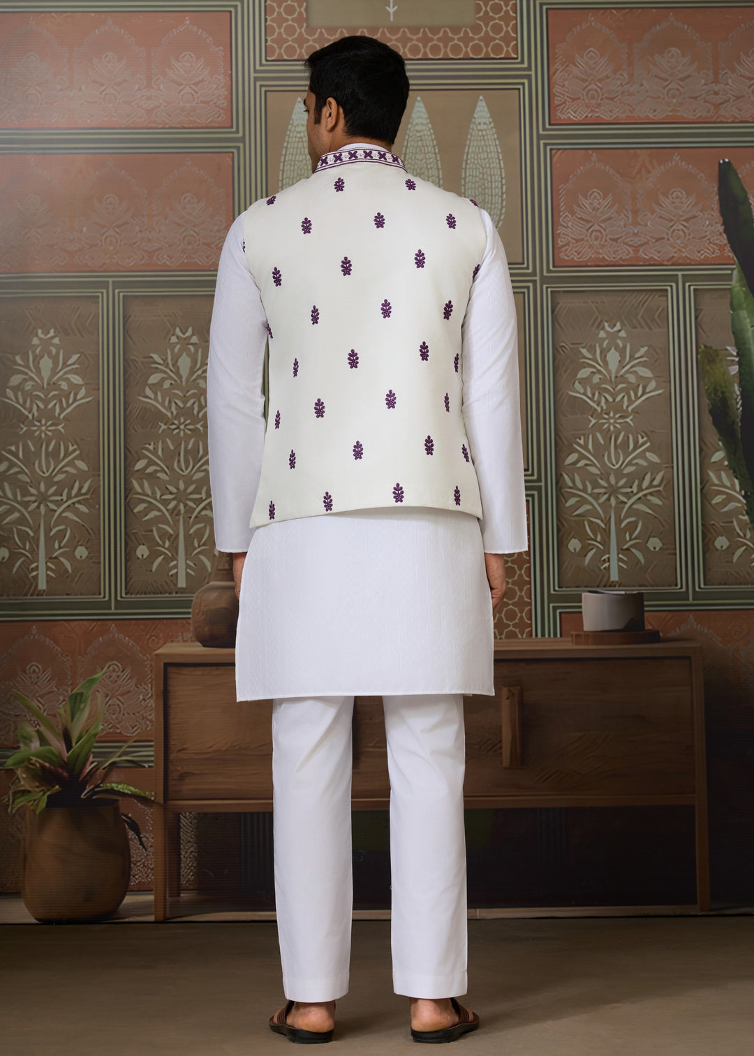 White Kurta And Pant With A Deep Plum And White Embroidered Nehru Jacket