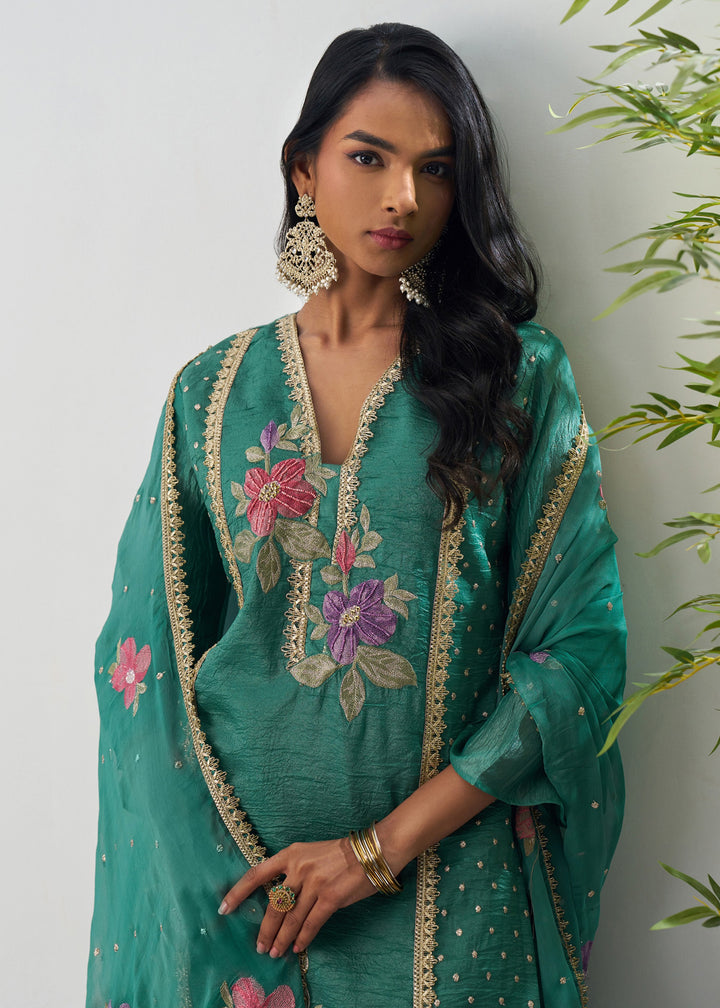 Dark Emerald Green Silk Pant Suit With Chiffon Dupatta