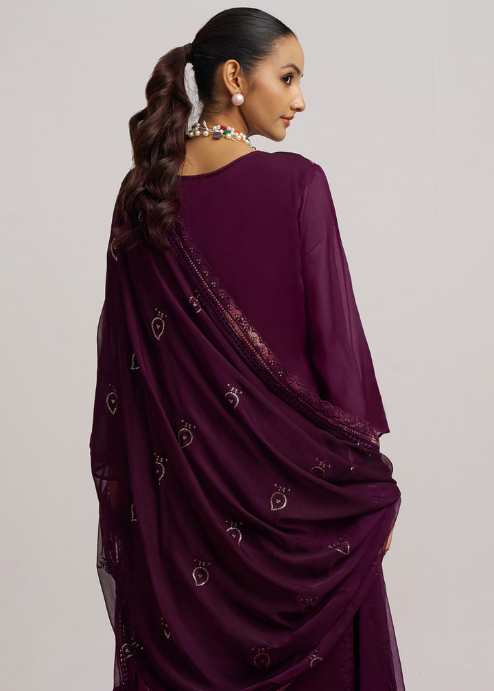 Sangria Purple Organza Pant Style Suit WIth Chiffon Dupatta
