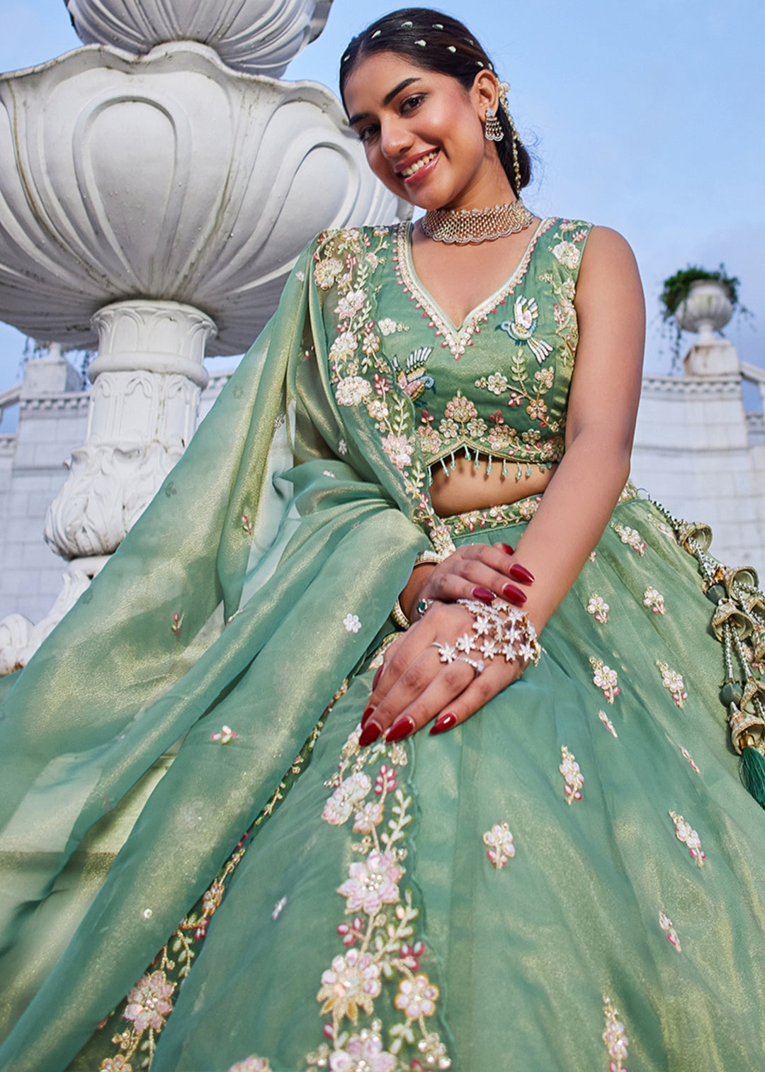 Green Tissue Lehenga Choli with Beads & Sequince Embroidered