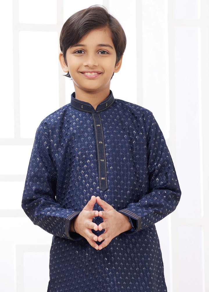 Dark Blue Silk Mens Kurta Set With Thread Embroidery Work
