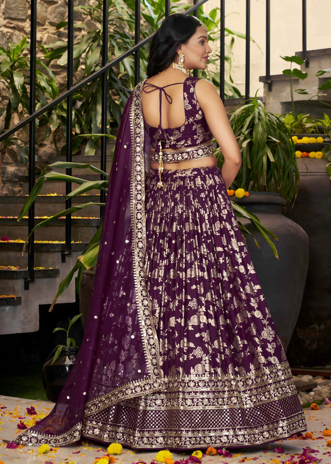 Wine Sequins and Zari Embroidery Work Silk Lehenga