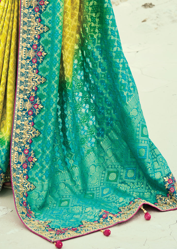 Turquoise Blue & Yellow Georgette Bandhej Saree With Moti & Cut-Dana Handwork Border