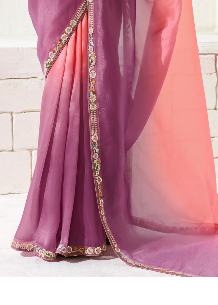 Peach & Purple Organza Tissue Silk Saree