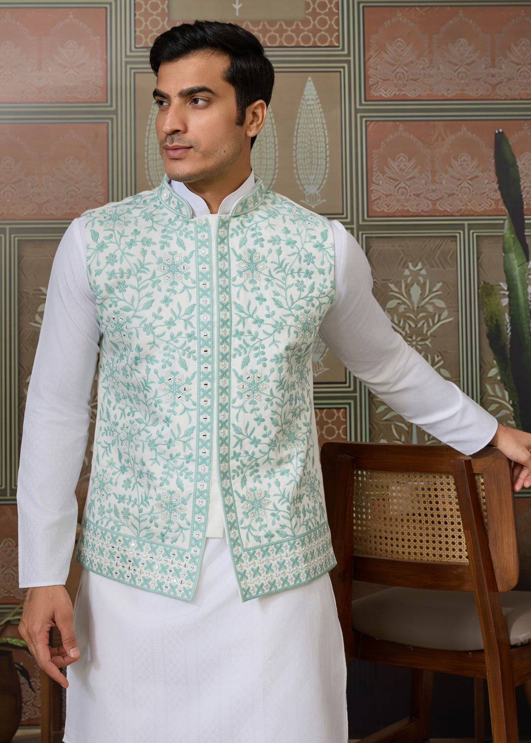 White Kurta And Pant With Soft Pastel Mint Green And White Embroidered Nehru Jacket