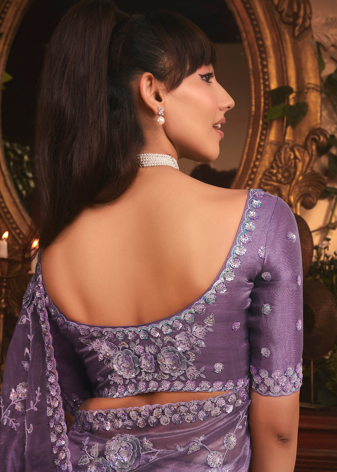 Lavender Purple Tissue Organza Saree With Heavy Embroidery