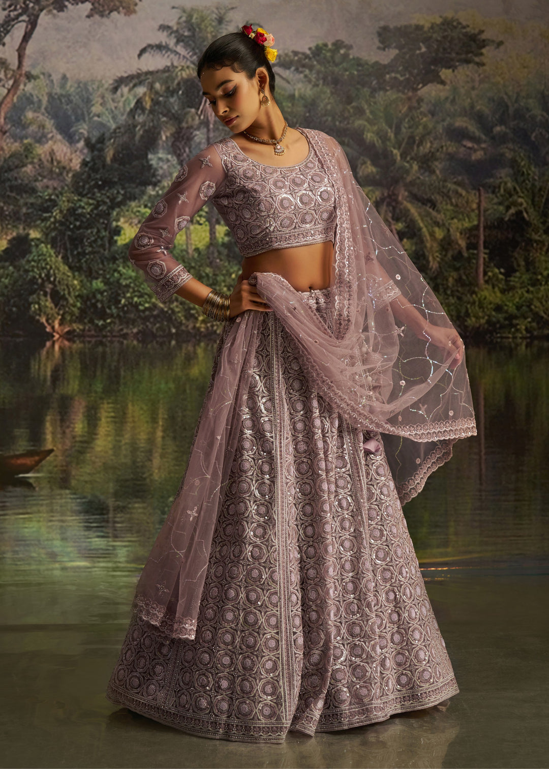 Mauve Soft Net Lehenga With Tonal Embroidery