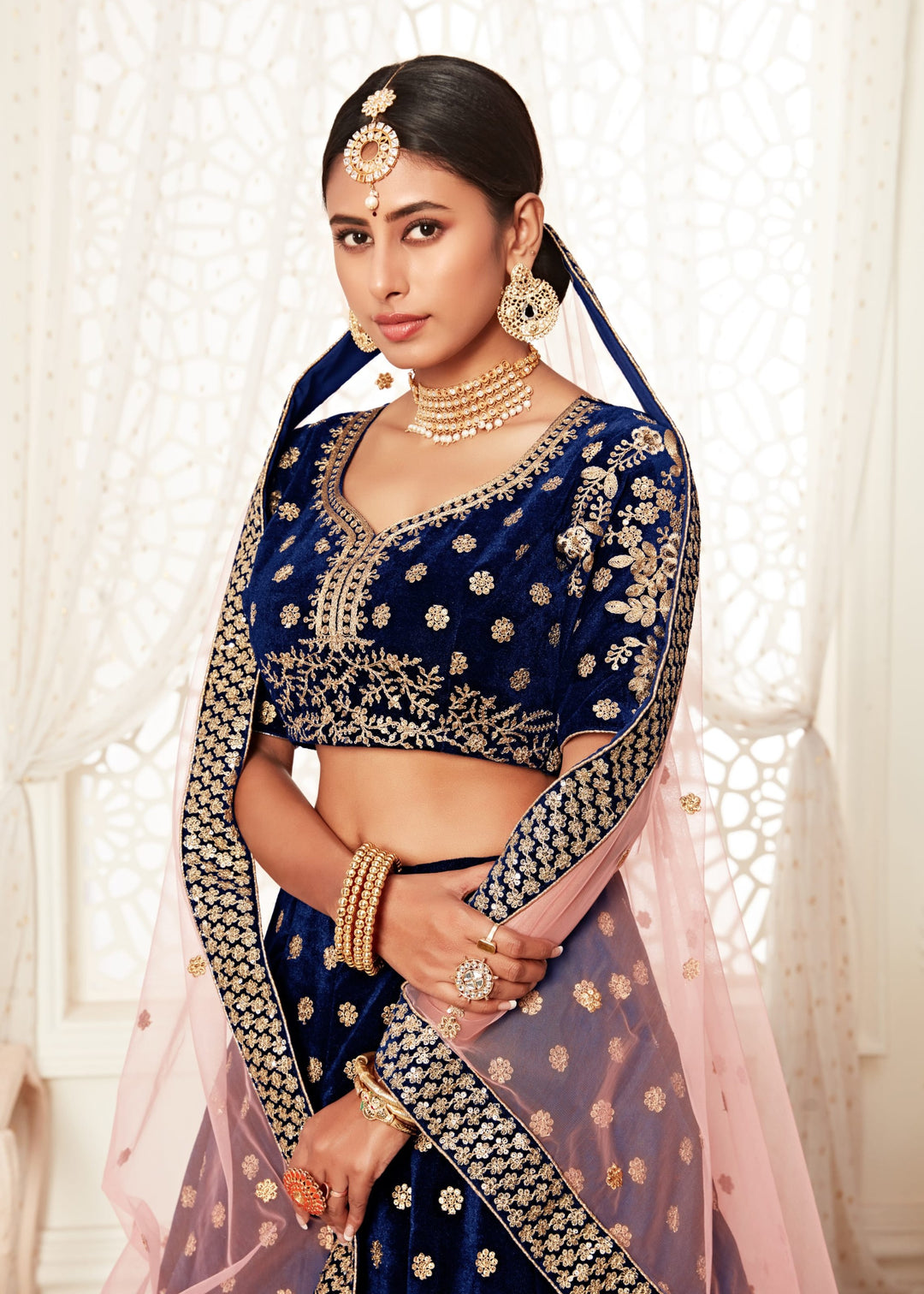 Navy Blue Velvet With Zari & Thread embroidery With Diamond Work Bridal Lehenga