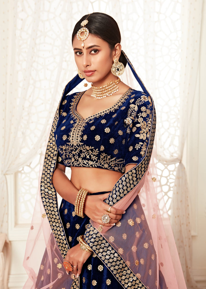 Navy Blue Velvet With Zari & Thread embroidery With Diamond Work Bridal Lehenga