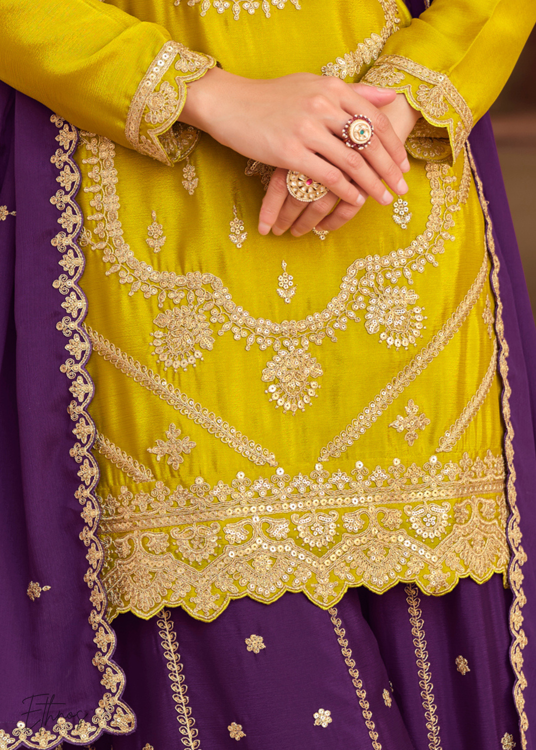 Mustard Yellow And Deep Purple Silk Salwar Suit