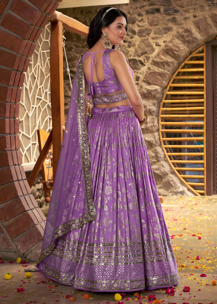 Lavender Sequins and Zari Embroidery Work Silk Lehenga