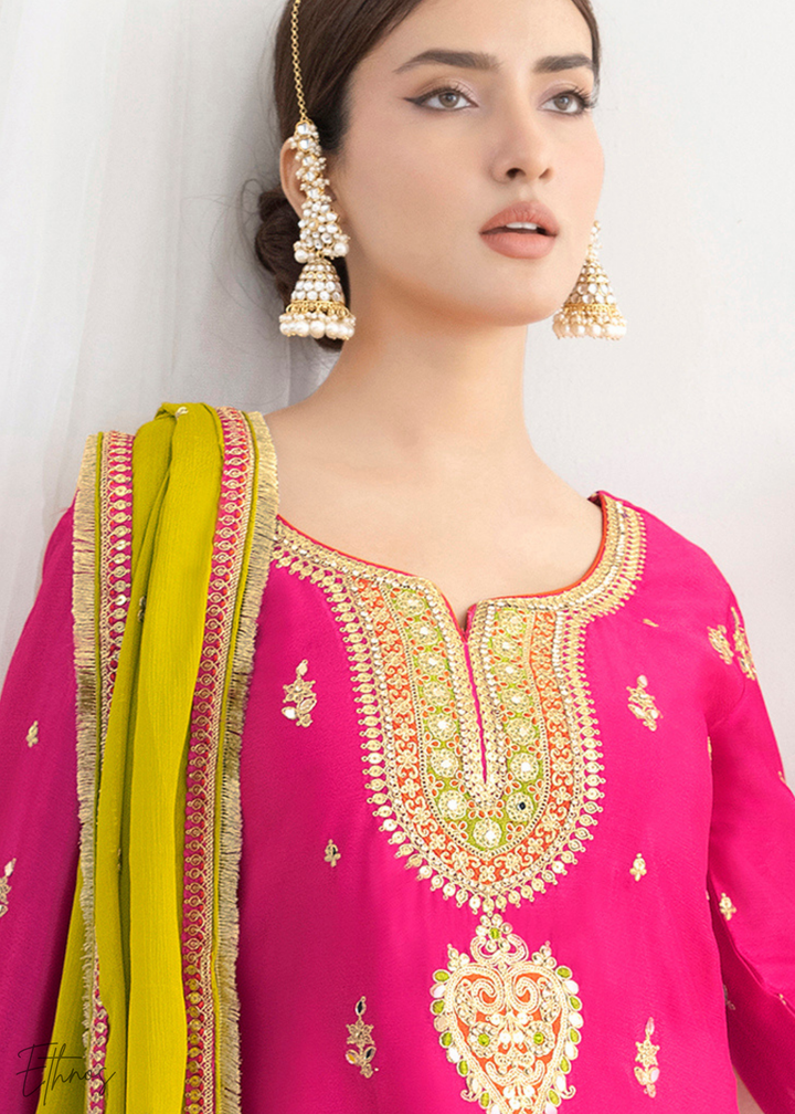 Bright Pink Chinnon Silk Salwar Suit