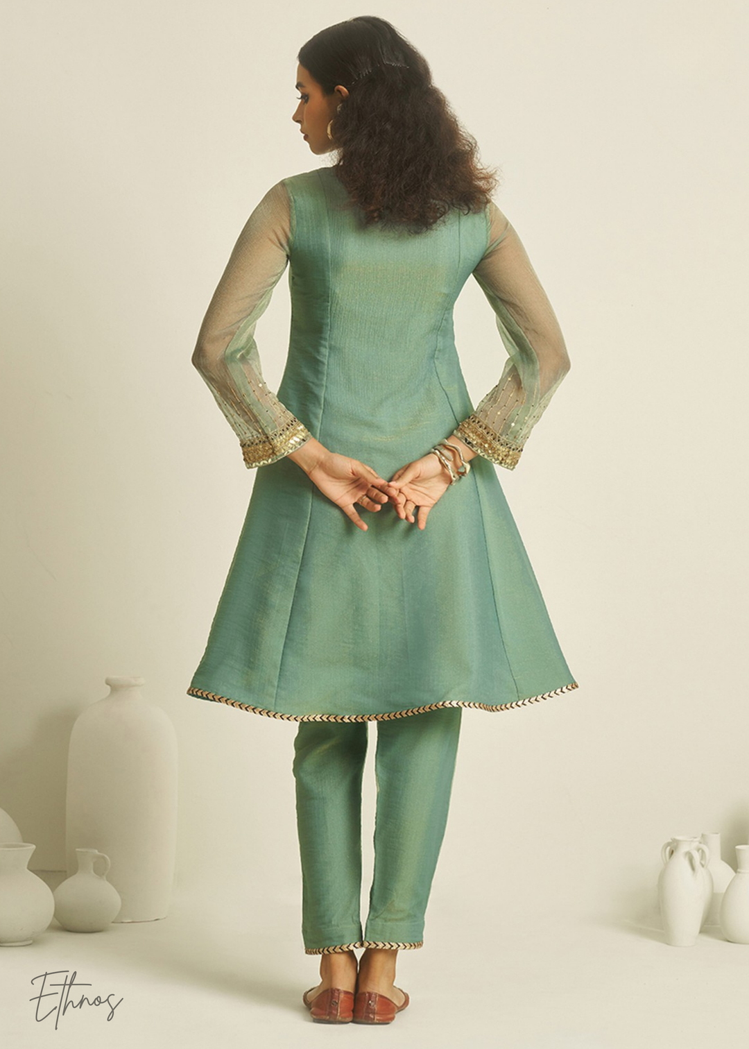 Sea Green Tissue Handwork Kurta With Pant