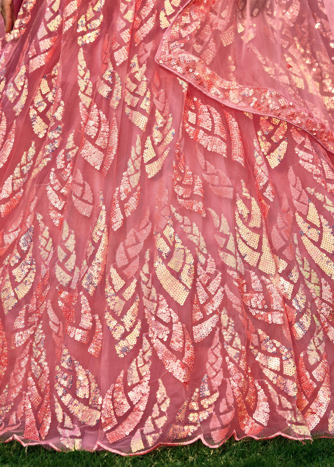 Baby Pink Net Lehenga Choli With Multiple Sequins And Thread Embroidery Work