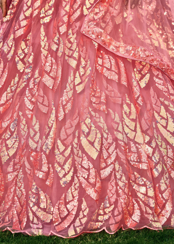 Baby Pink Net Lehenga Choli With Multiple Sequins And Thread Embroidery Work