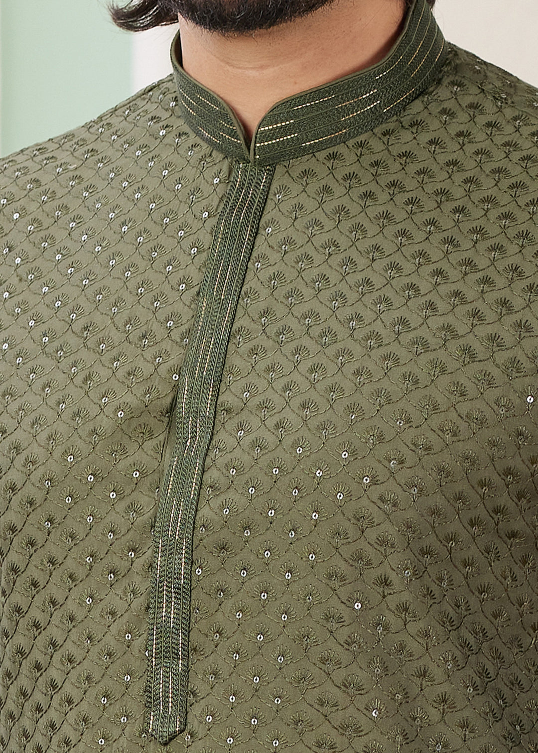 Mehendi Green Silk Mens Kurta Set With Thread Embroidery Work