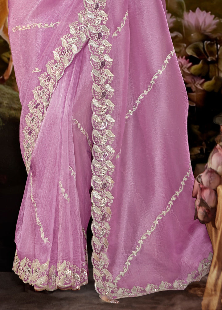 Lavender Saree With Embroidery And Handwork Designer Cut Border