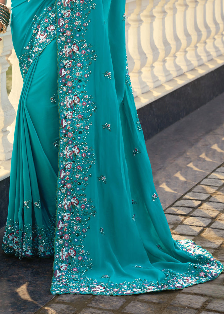 Firozi Pure Crape Saree With Moti Work