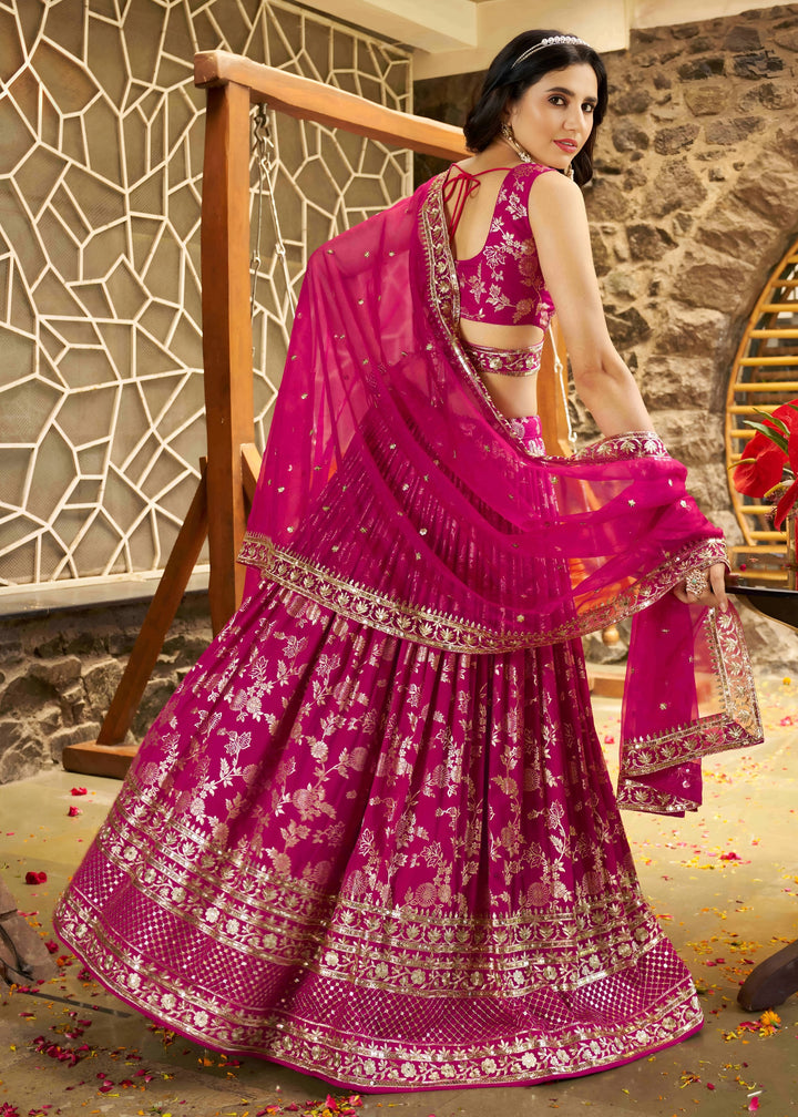 Rani Pink Sequins and Zari Embroidery Work Silk Lehenga