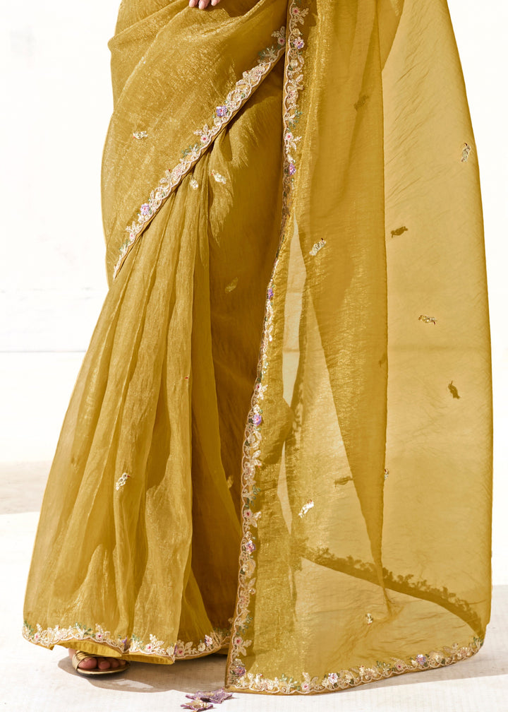 Saffron Yellow Organza Tissue Silk Saree