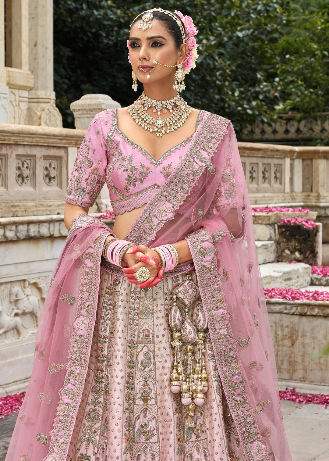 Pastel Pink Heavy Bridal Silk Lehenga With Khatli And Embroidery Work