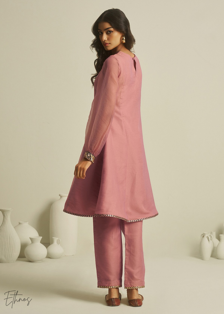 Peach Tissue Handwork Kurta With Pant