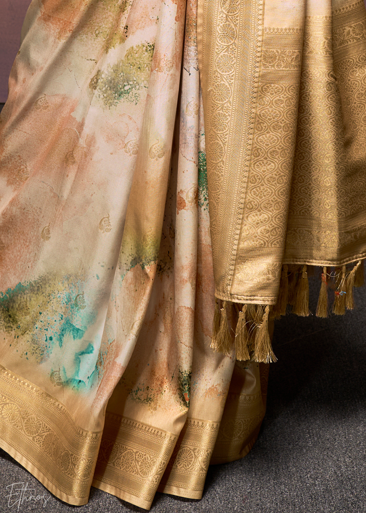 Beige Golden Handloom Weaving Silk Saree