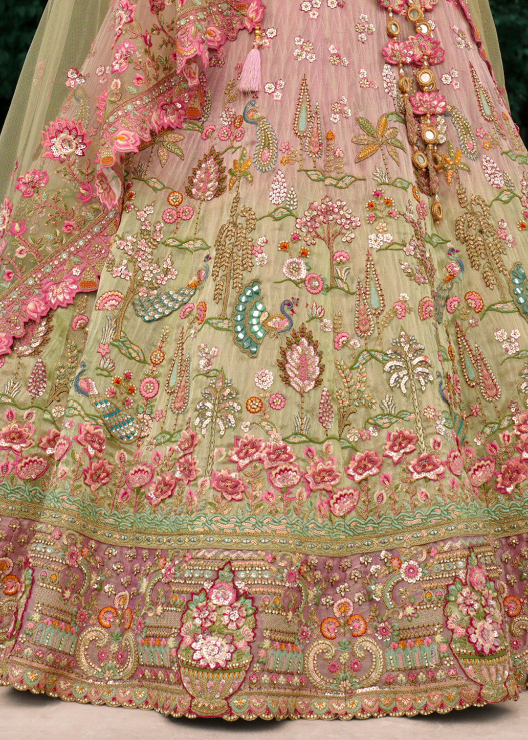 Pistachio Green Fancy Silk Lehenga Choli With Cut Work Embroidery Border & Stone Work