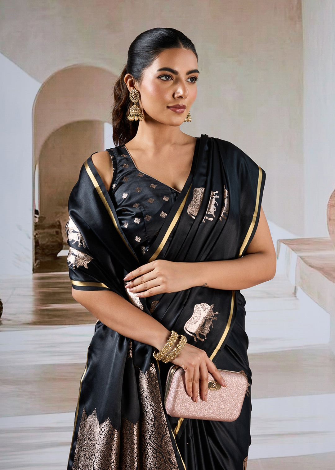 Black Pure Satin Handloom Weaving Saree