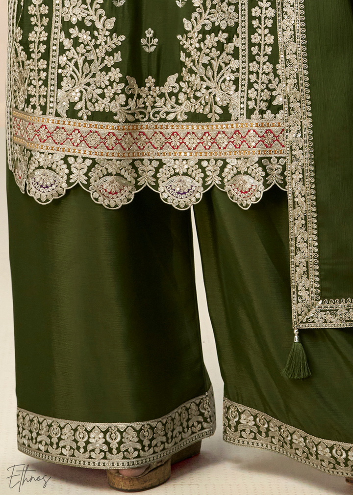 Moss Green Chinnon Silk Palazzo Suit