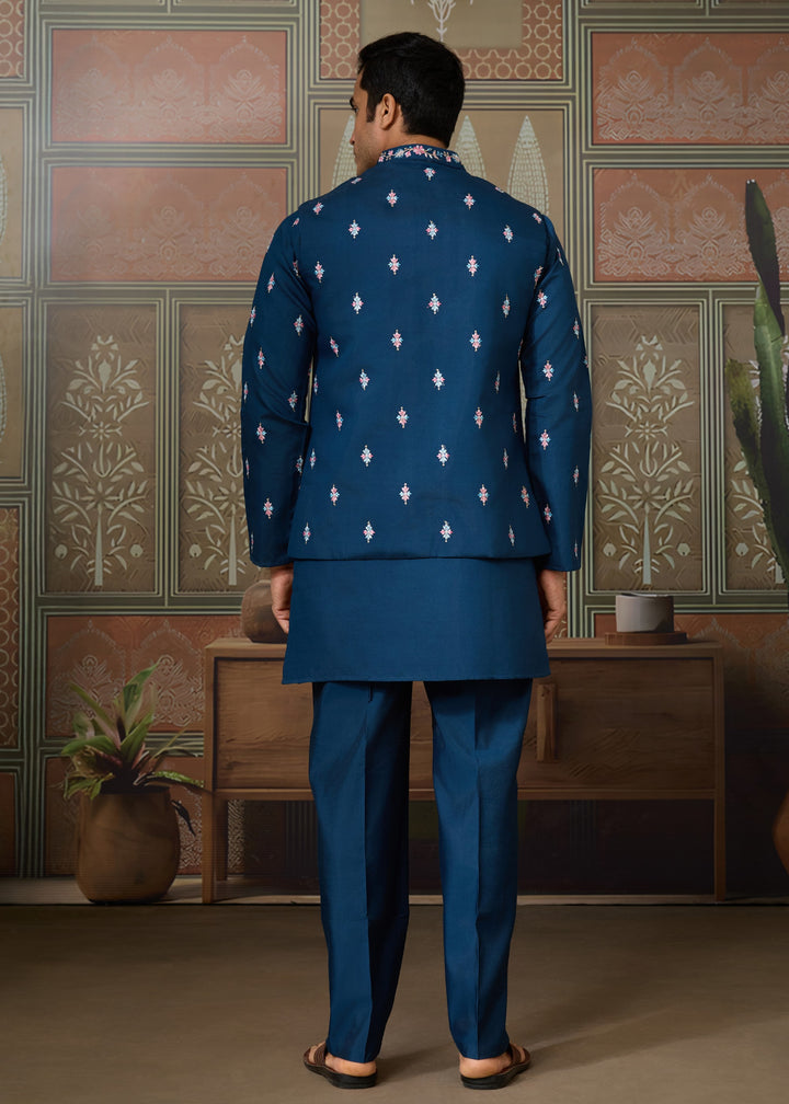 Teal Blue Mens Wear Koti Style with Silk Kurta and Pajama