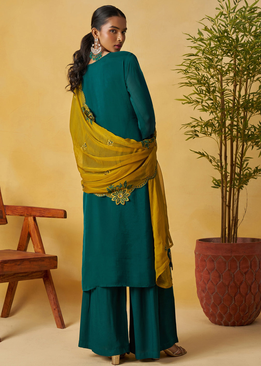 Dark Teal Green Salwar Suit with Mustard Yellow Dupatta