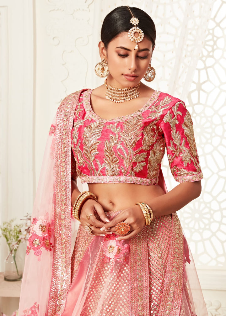 Pink Soft Net Lehenga With Zari, Dori, Thread And Sequins Floral Embroidery