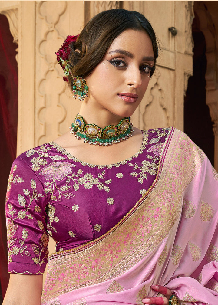 Neon Pink Satin Silk Saree With Beautiful Lace Border And Heavy Designer Embroidered Blouse