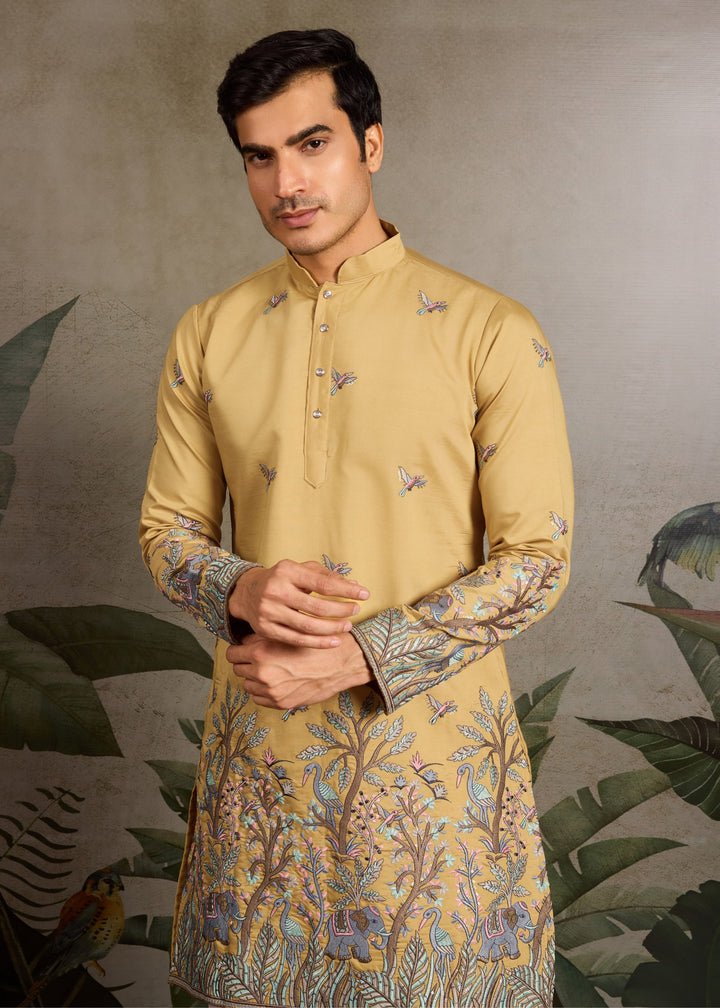 Mustard Yellow Mens Silk Kurta with Pant