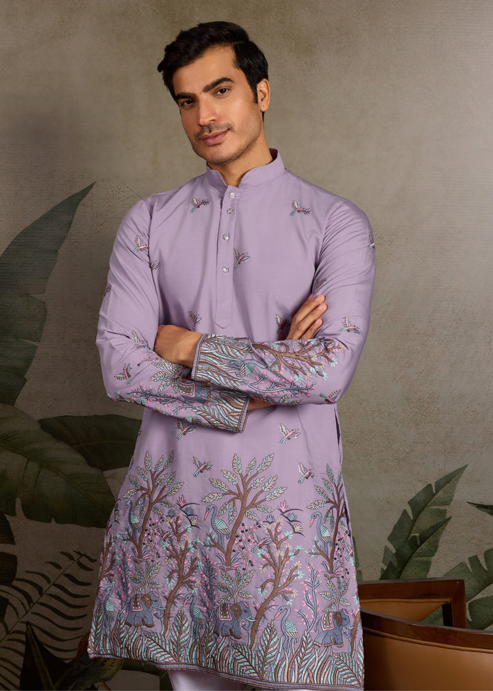 Soft Lavender Mens Silk Kurta with Pant