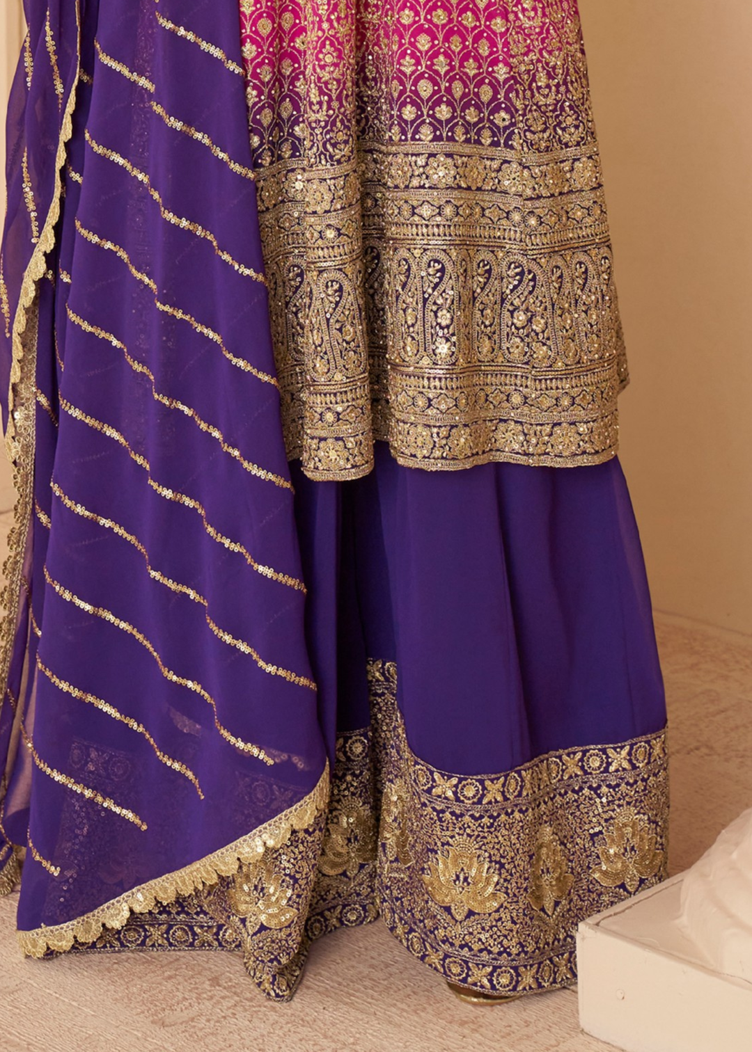 Hot Pink With Gold Embroidery Georgette Palazzo Suit