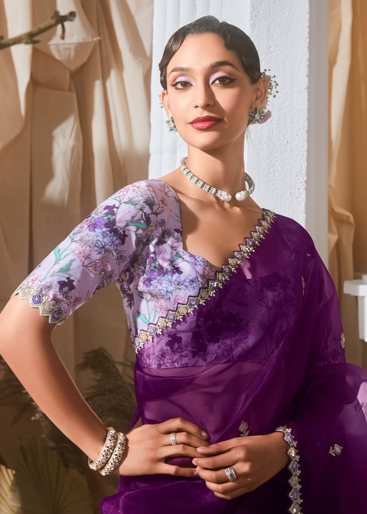 Grape Purple Fancy Silk Saree With Printed Blouse