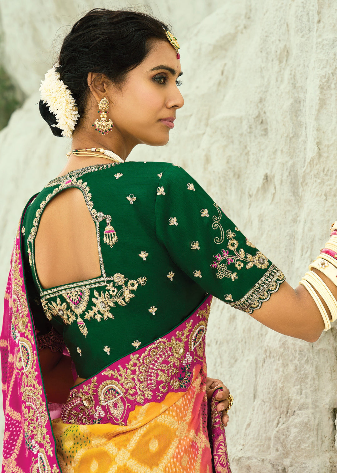 Soft Pink & Yellow Georgette Bandhej Saree With Moti & Cut-Dana Handwork Border