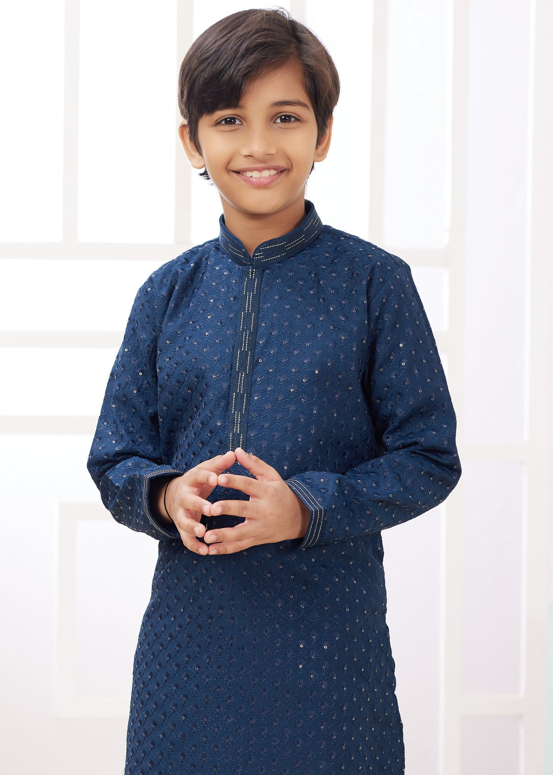 Teal Blue Silk Mens Kurta Set With Thread Embroidery Work