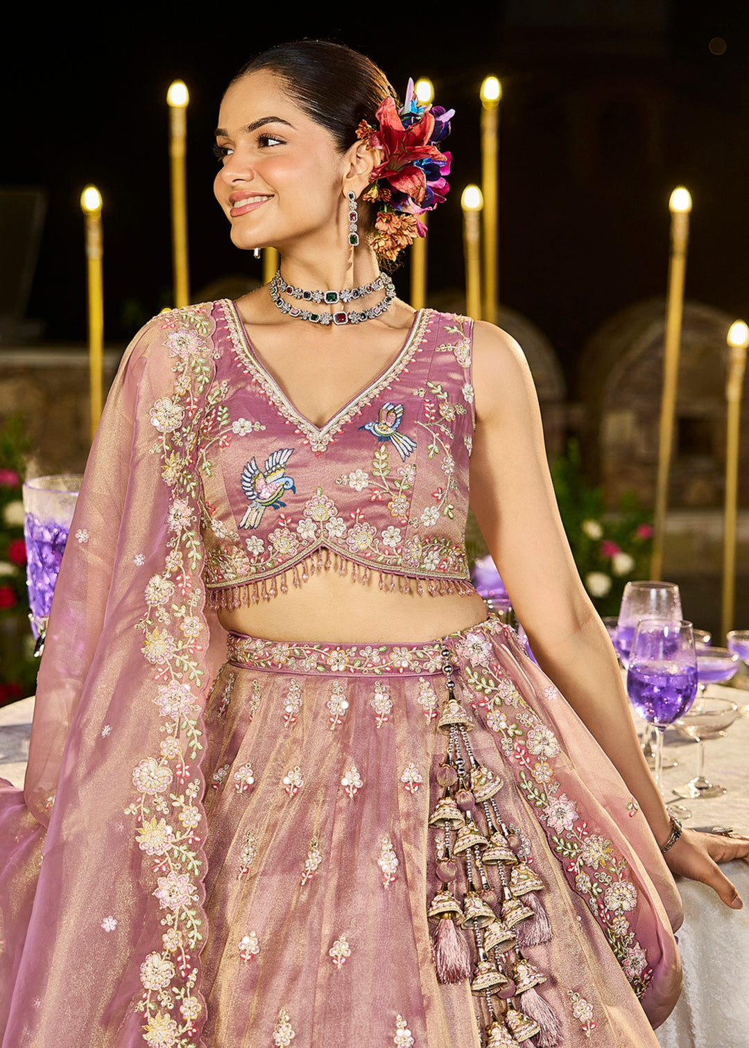 Lavender Tissue Lehenga Choli with Beads & Sequince Embroidered