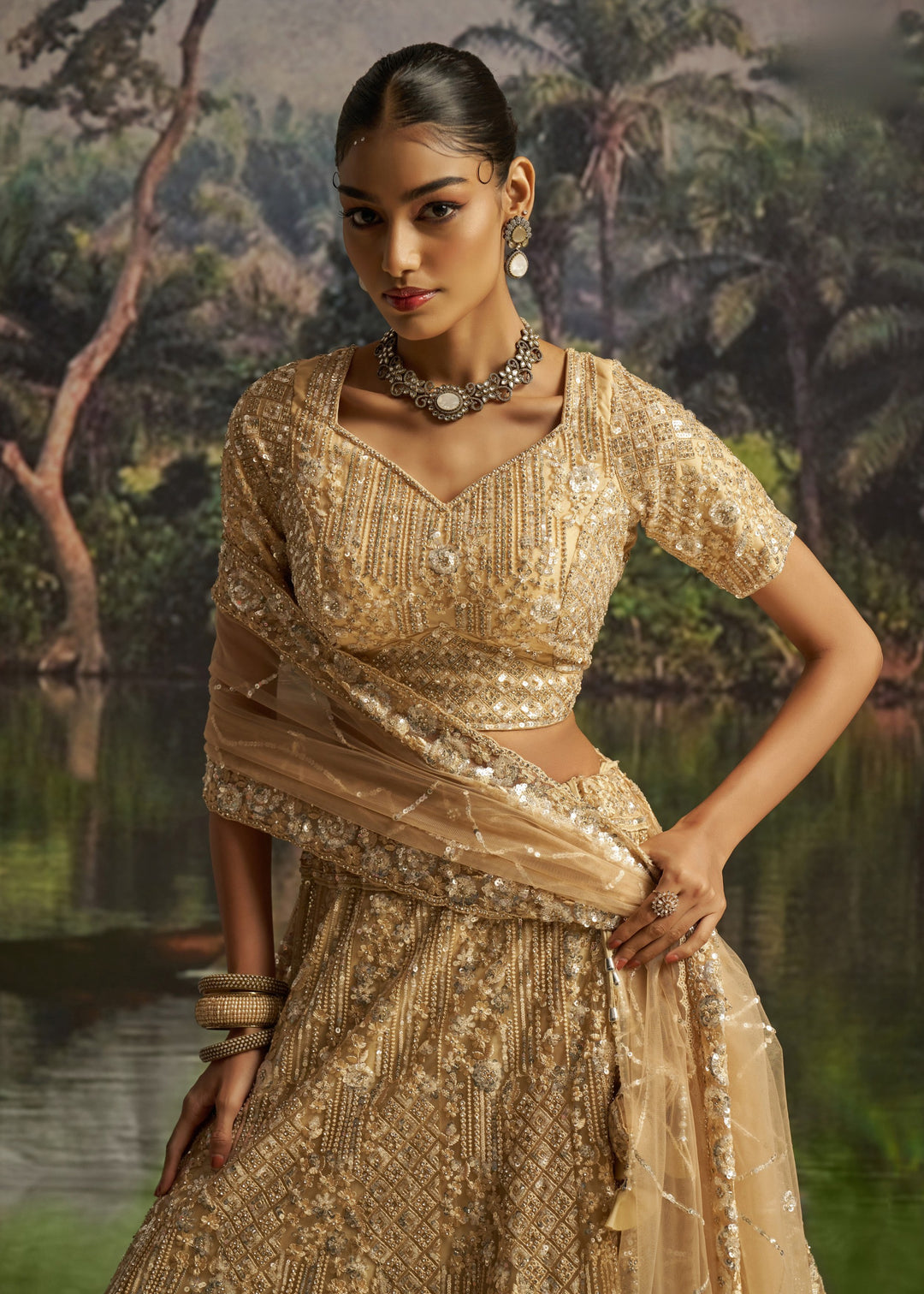 Golden beige Soft Net Lehenga with heavy embroidery