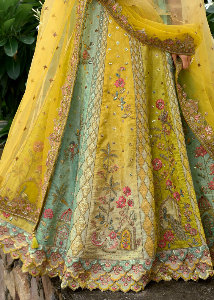 Olive Yellow Floral Silk Lehenga With Cut Work Border And Embroidery