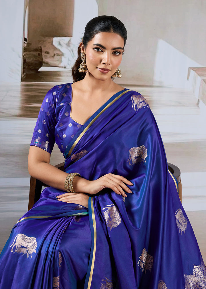 Blue Pure Satin Handloom Weaving Saree