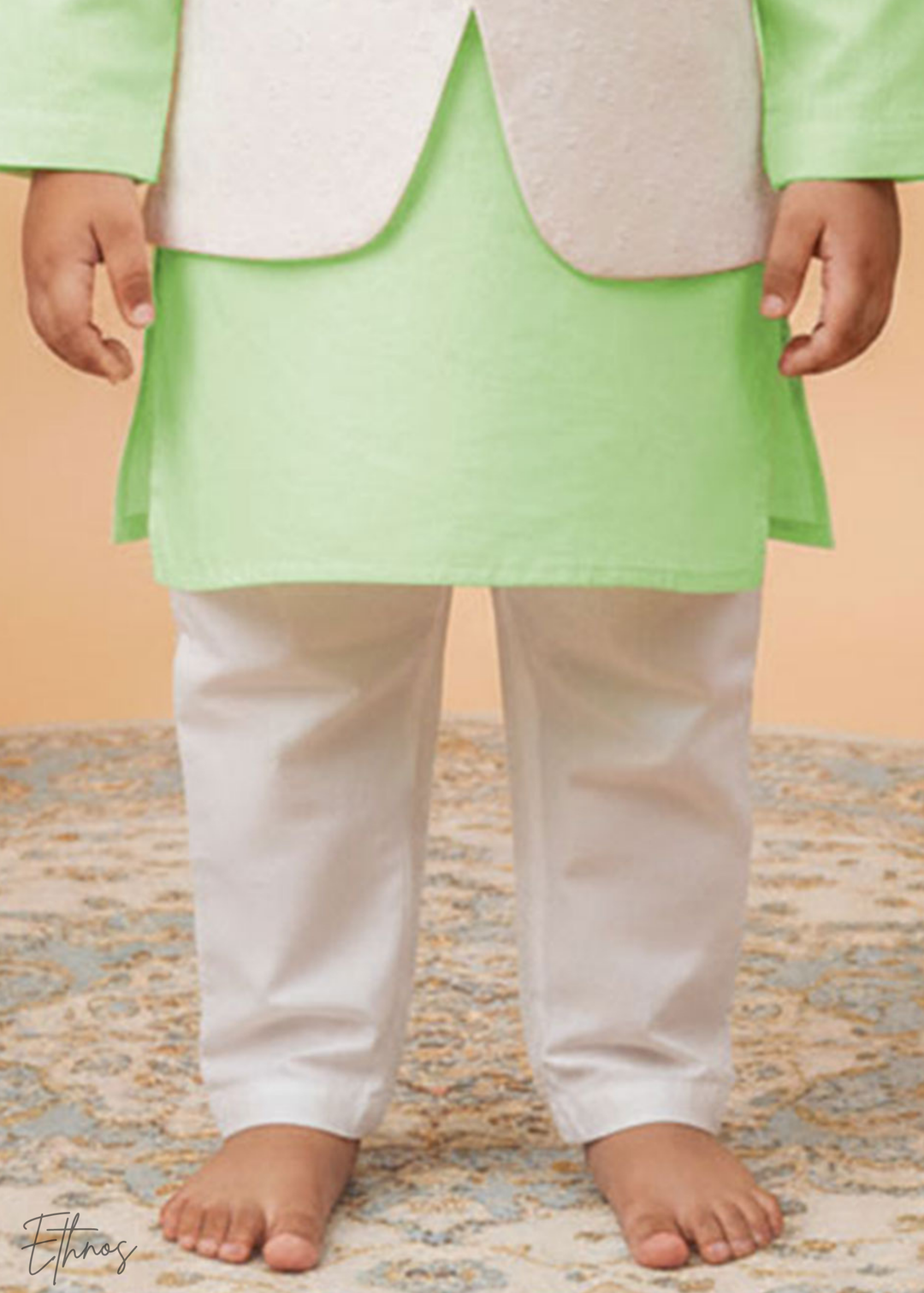 Organic Cotton Green & White kurta Set with Jacket - Floral