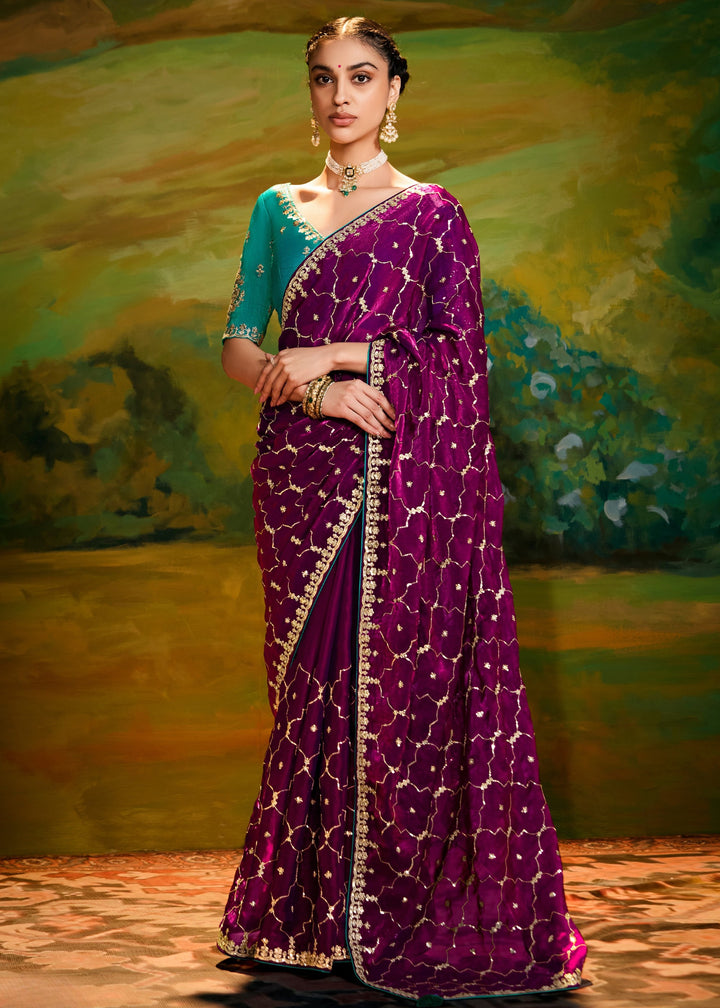 Plum Purple Saree With Embroidery And Handwork Designer Cut Border
